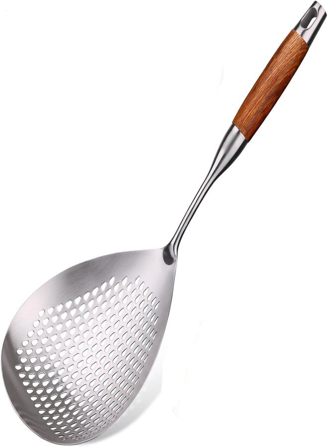 Pekos Slotted Turner Spatula with Wooden Handle | Steel Deep Fry Oil Strainer Scoop Colande Spoon & Kitchen Cooking Utensil for Frying, Poori, Chips (1 Psc) - Image 1